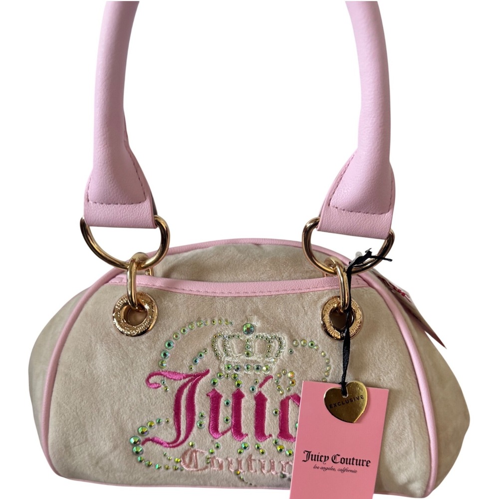 Juicy Couture Pink Cream Velvet‎ Royal Crown Rhinestone Accent Satchel NWT